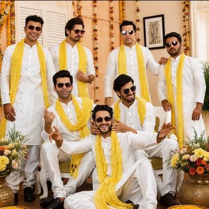 হলুদ ও সাদা ম্যাচিং পাঞ্জাবিতে গায়ে হলুদের দল